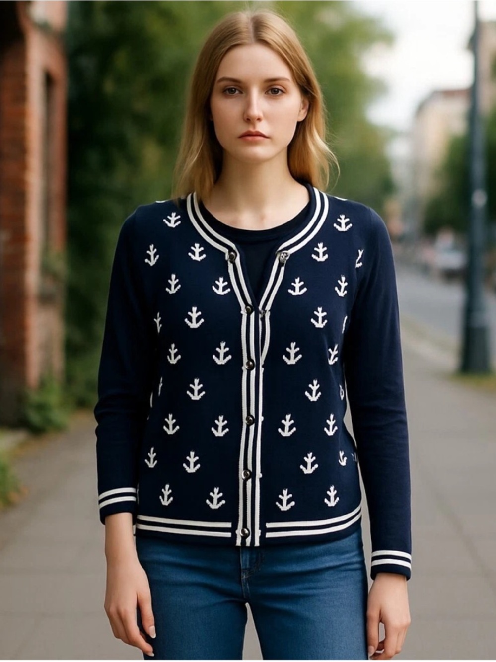 2-PC Nautical Anchor Cardigan Set Twinset Navy Crew Neck Sweater M NWT Talbots - Picture 4 of 12